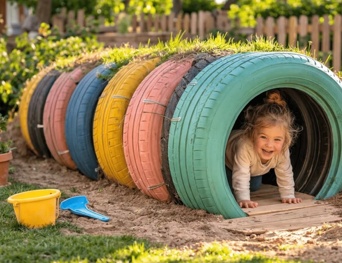 Child crawling through colorful tire tunnel