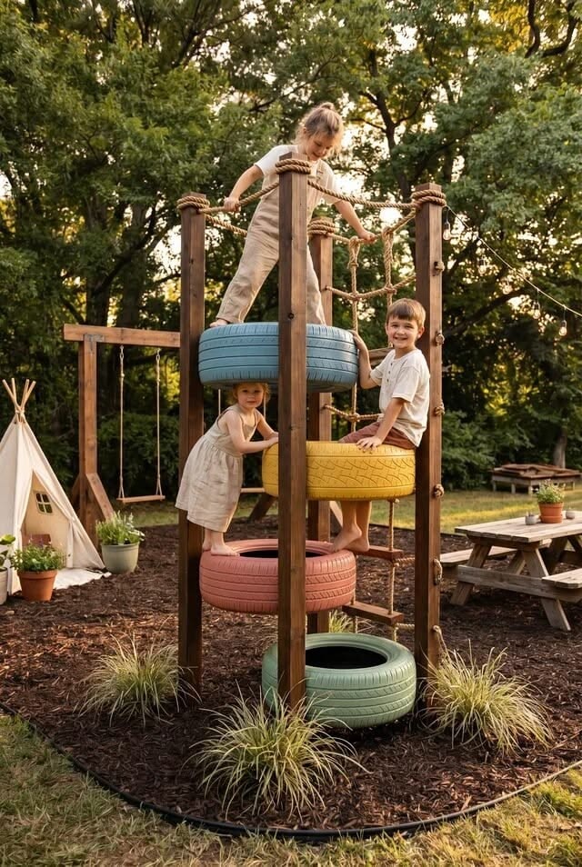 Children climbing tire tower structure